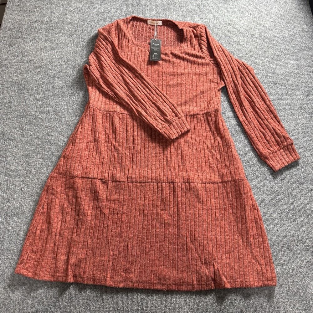 NWT Fantaslook Terracotta Orange Ribbed Knit Long Sleeve Tiered Babydoll Dress